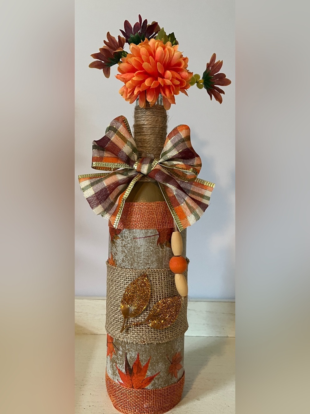 Fall Plaid Bow Burlap Bottle Decoration - Orange, Brown & Green